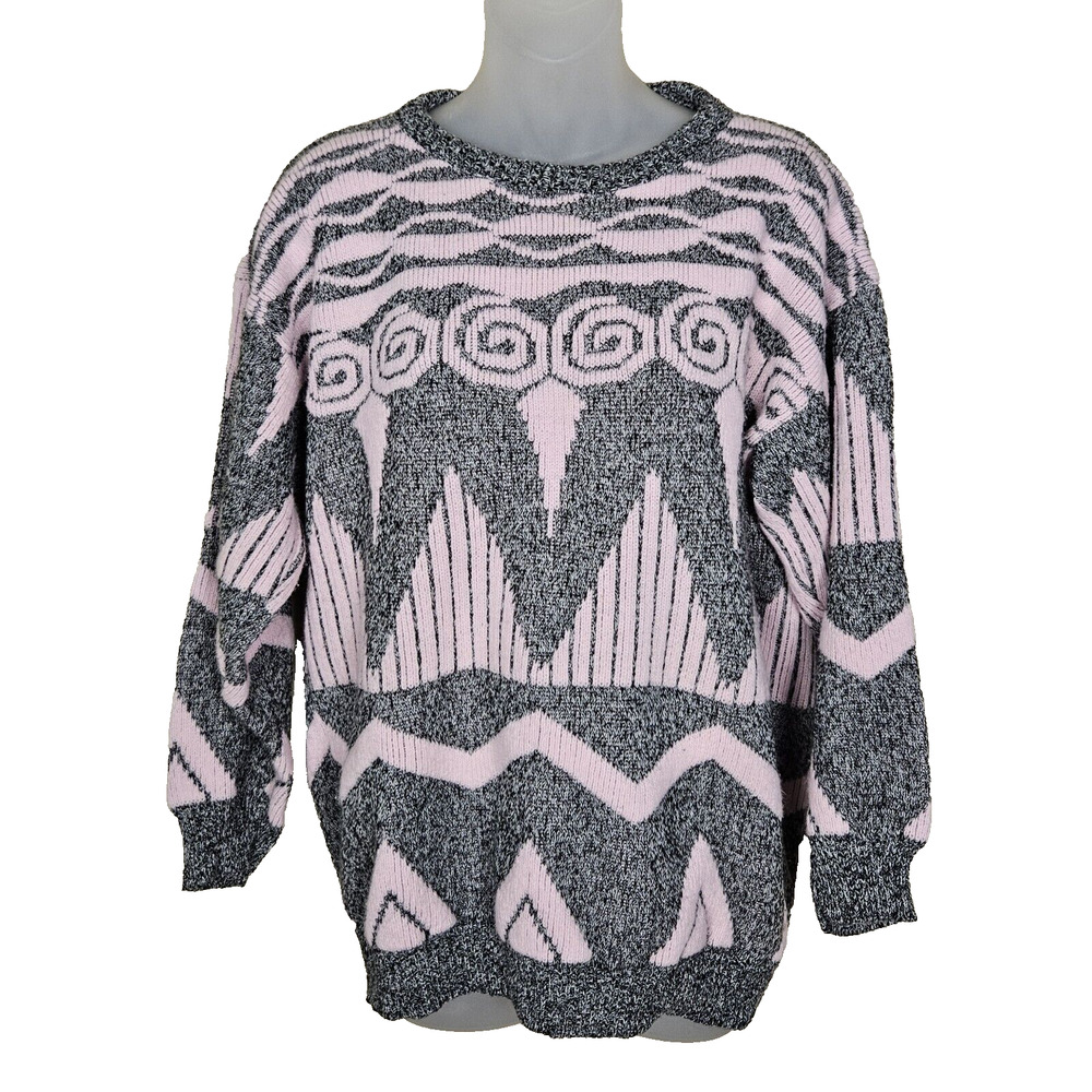VTG 80s Adele Knitwear Sweater Made in USA Chunky Geometric Womens M Retro Pink
